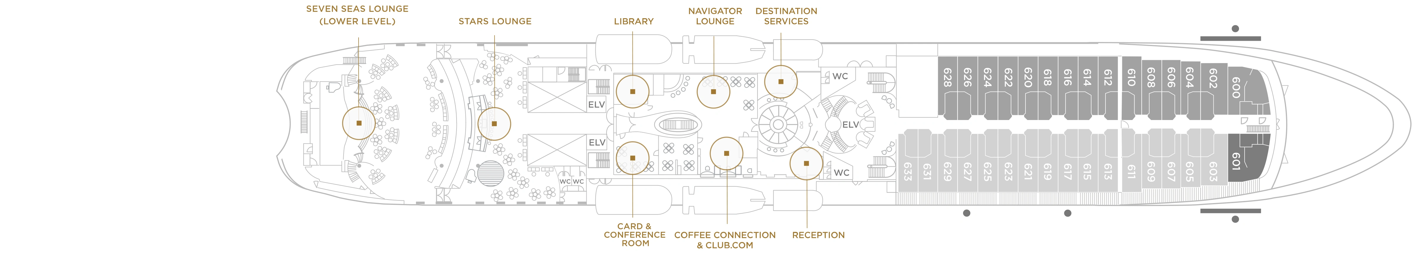 Seven Seas Navigator, Deck 6: official cabin and venue layout
