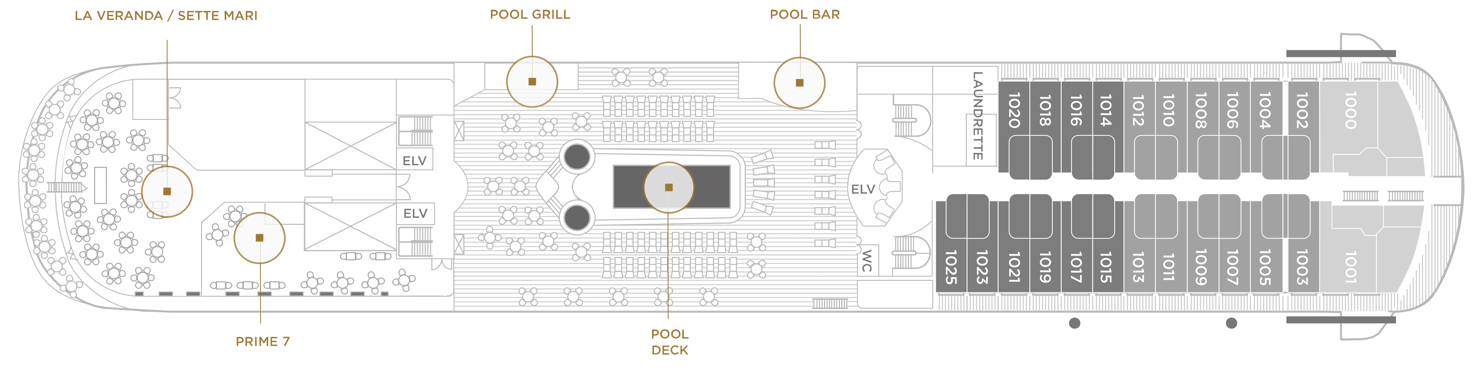 Seven Seas Navigator, Deck 10: official cabin and venue layout