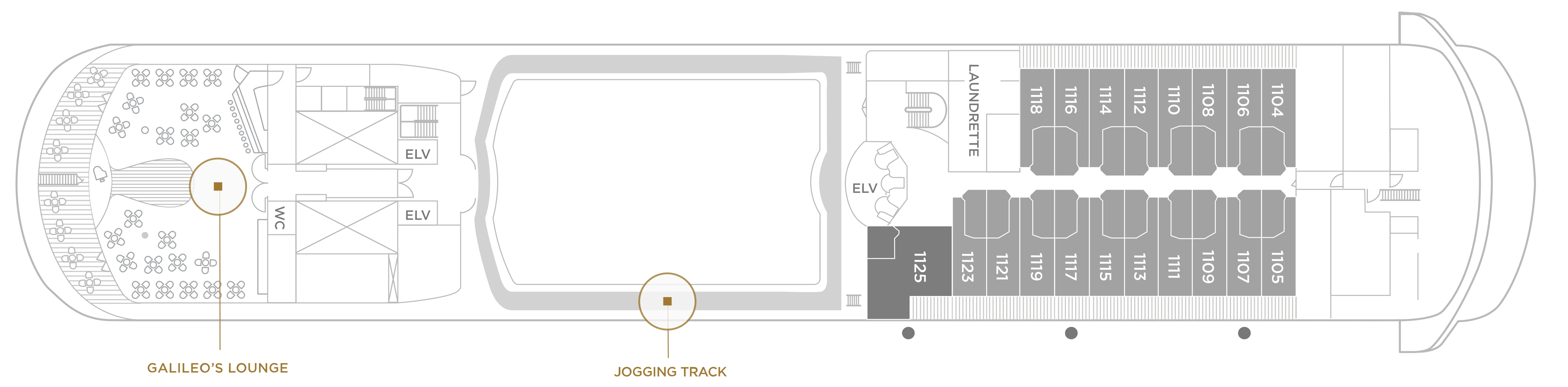 Seven Seas Navigator, Deck 11: official cabin and venue layout