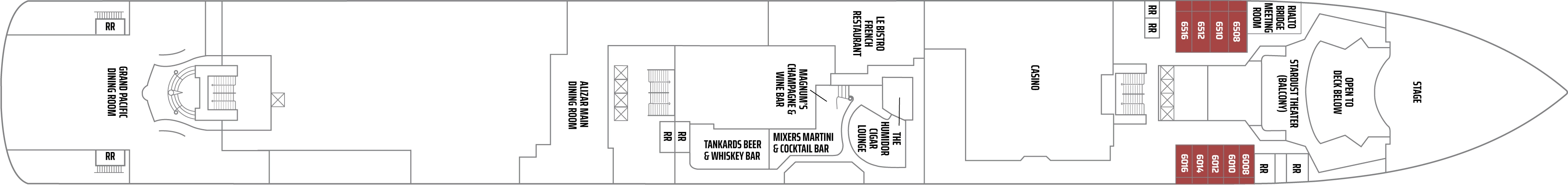 Norwegian Jade, Deck 6: official cabin and venue layout