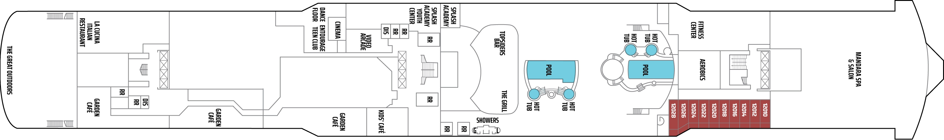 Norwegian Jade, Deck 12: official cabin and venue layout