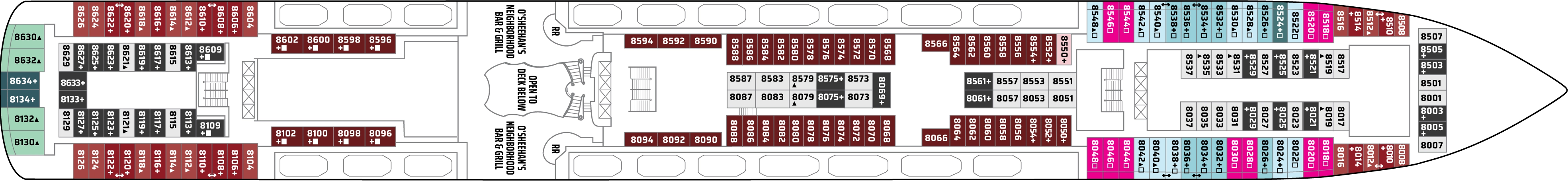 Norwegian Jade, Deck 8: official cabin and venue layout