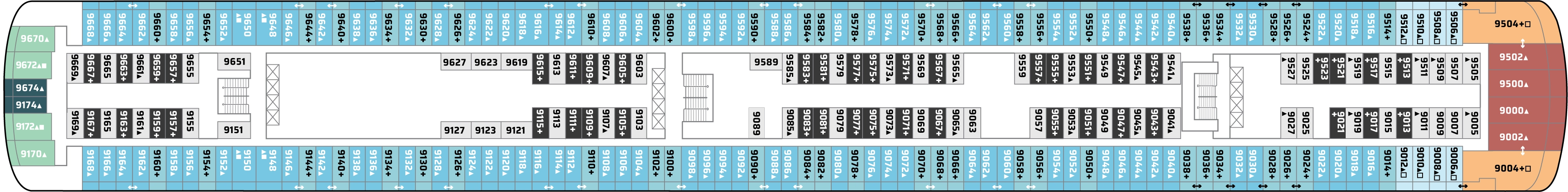 Norwegian Jade, Deck 9: official cabin and venue layout