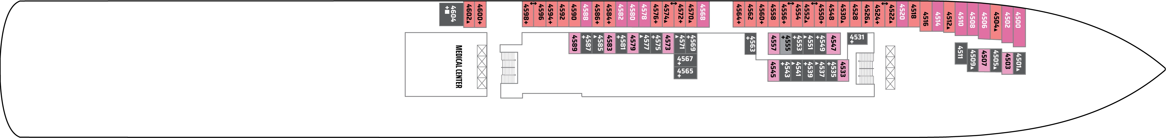 Norwegian Jade, Deck 4: official cabin and venue layout