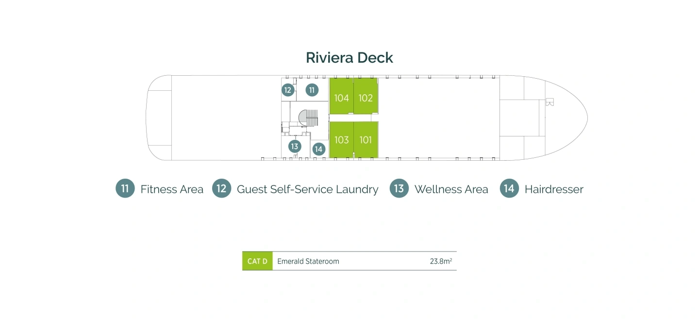 Emerald Harmony, Deck 1: official cabin and venue layout