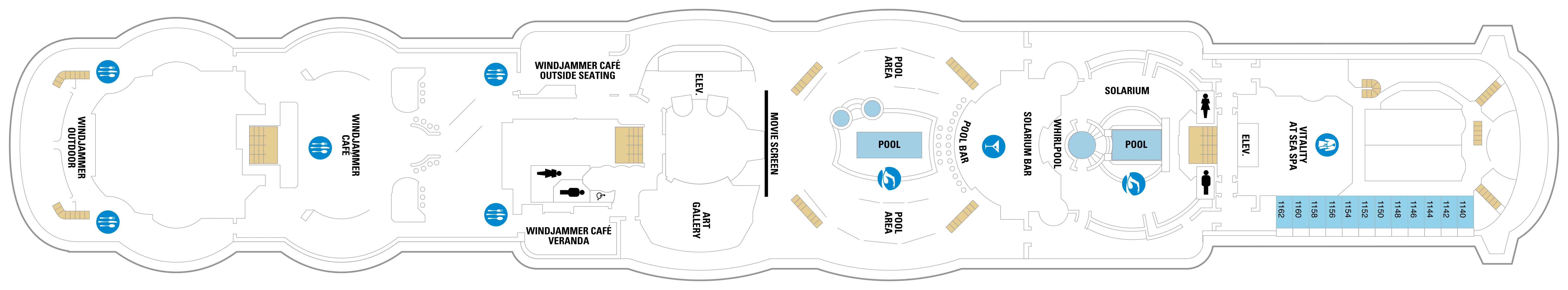 Jewel of the Seas, Deck 11: official cabin and venue layout