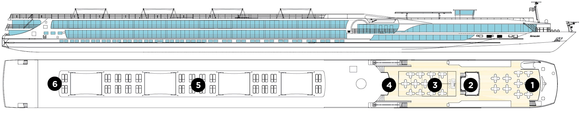 Avalon Vista, Deck 4: official cabin and venue layout