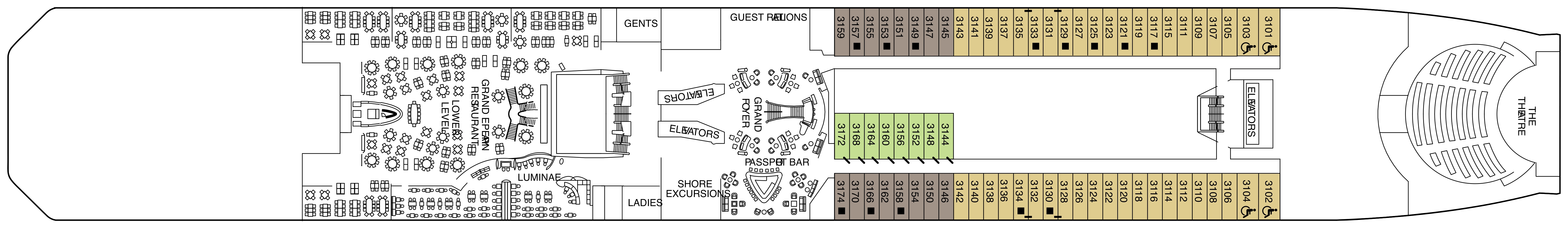 Celebrity Solstice, Deck 3: official cabin and venue layout