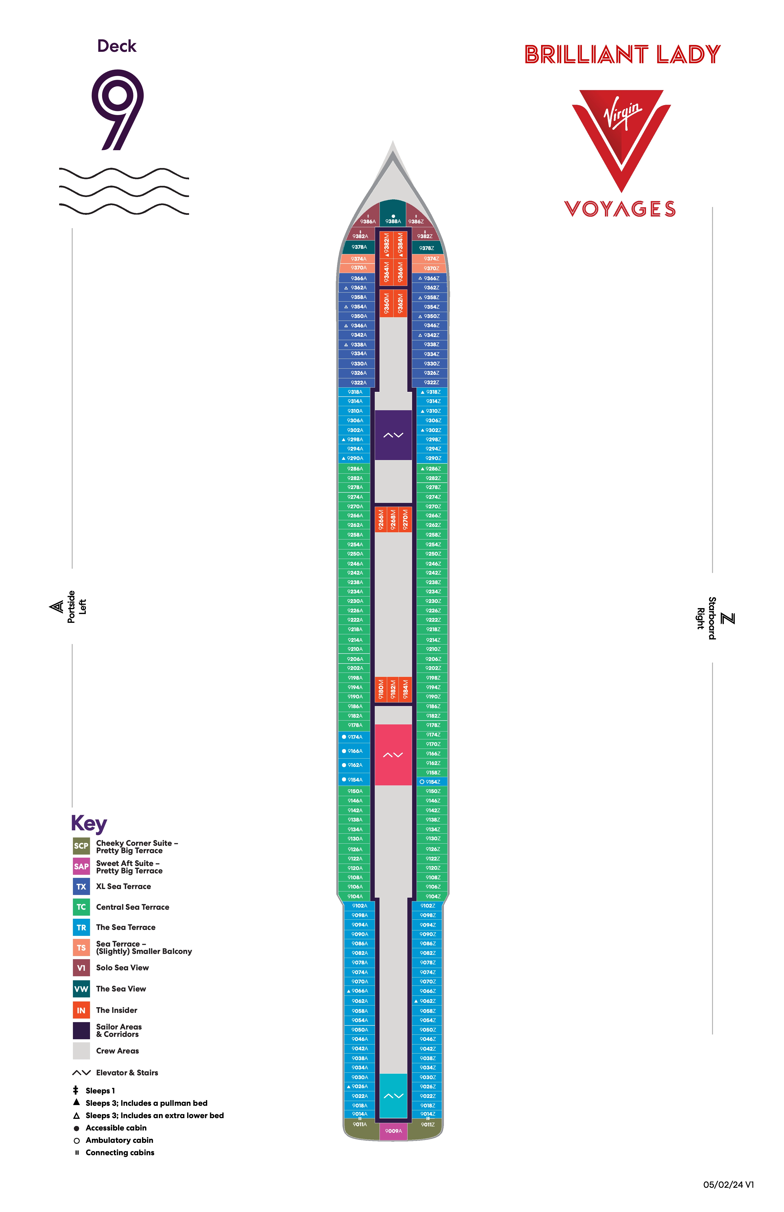 Brilliant Lady, Deck 9: official cabin and venue layout