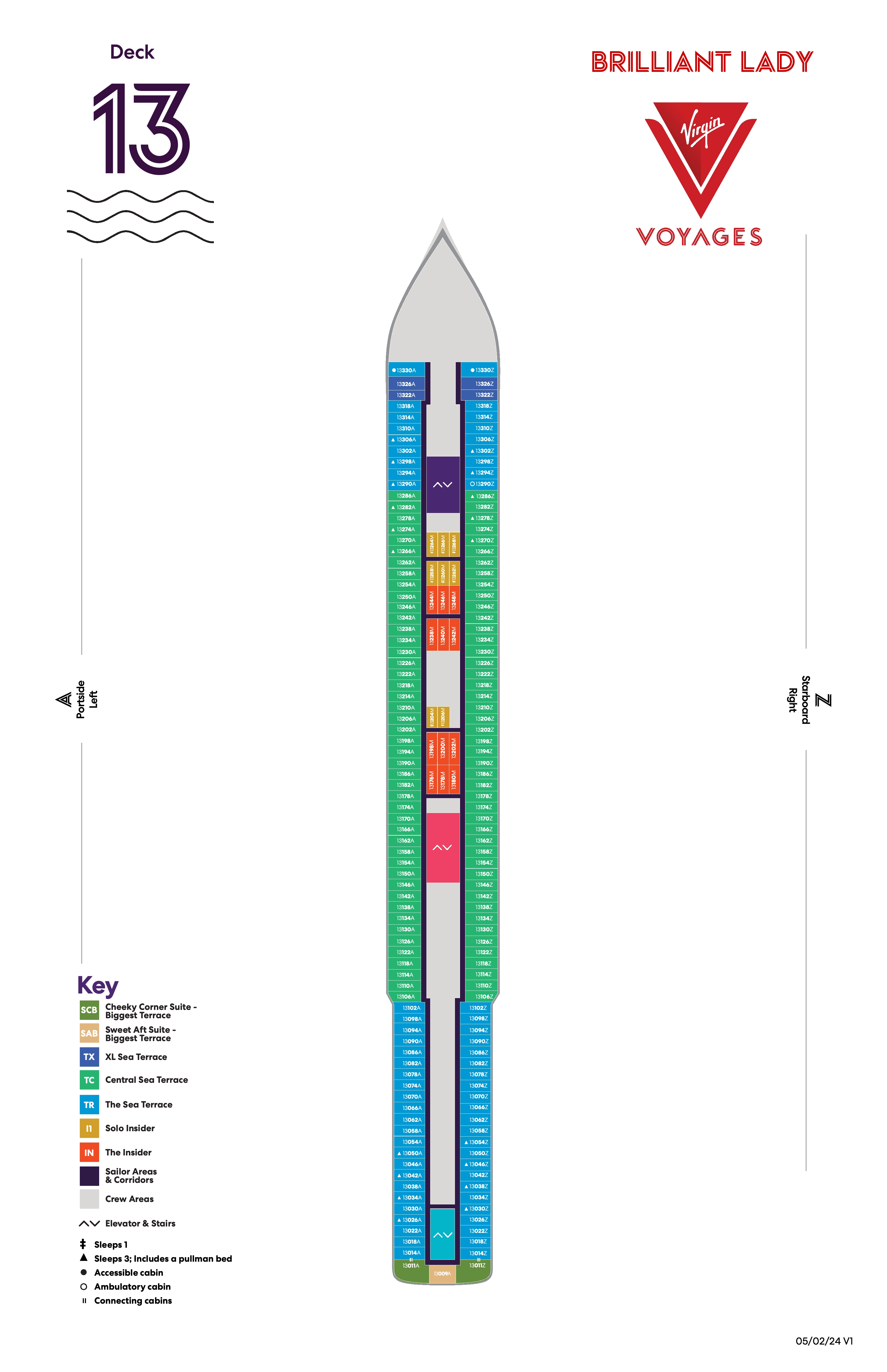 Brilliant Lady, Deck 13: official cabin and venue layout