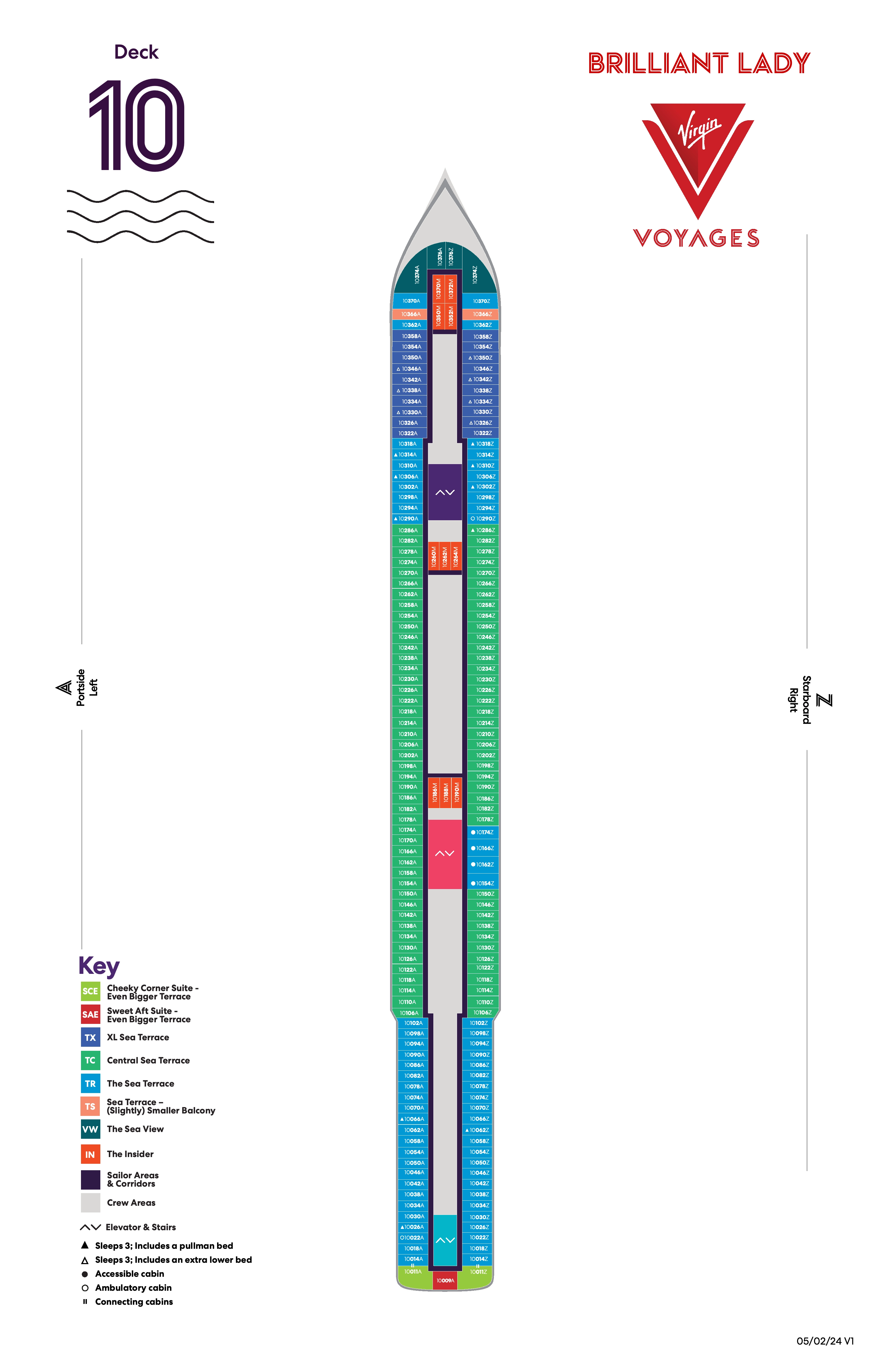 Brilliant Lady, Deck 10: official cabin and venue layout
