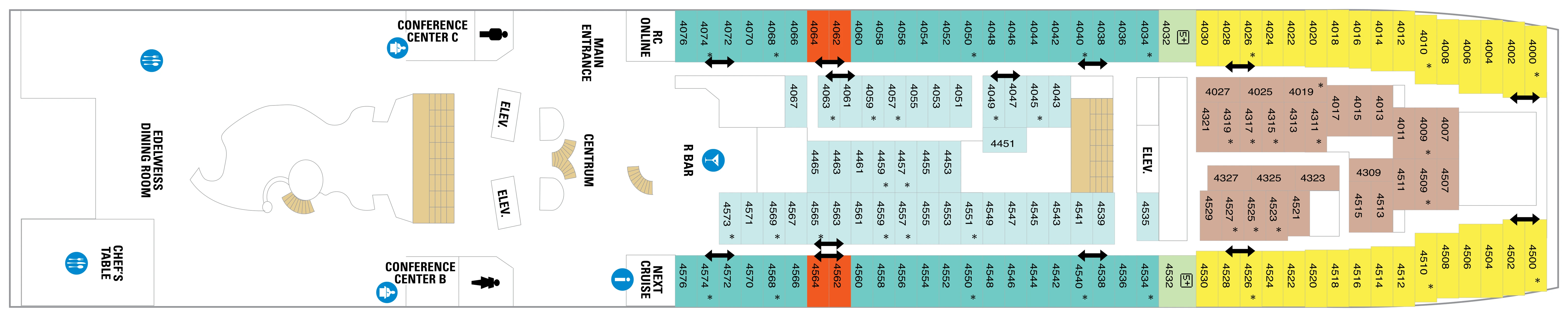 Rhapsody of the Seas, Deck 4: official cabin and venue layout