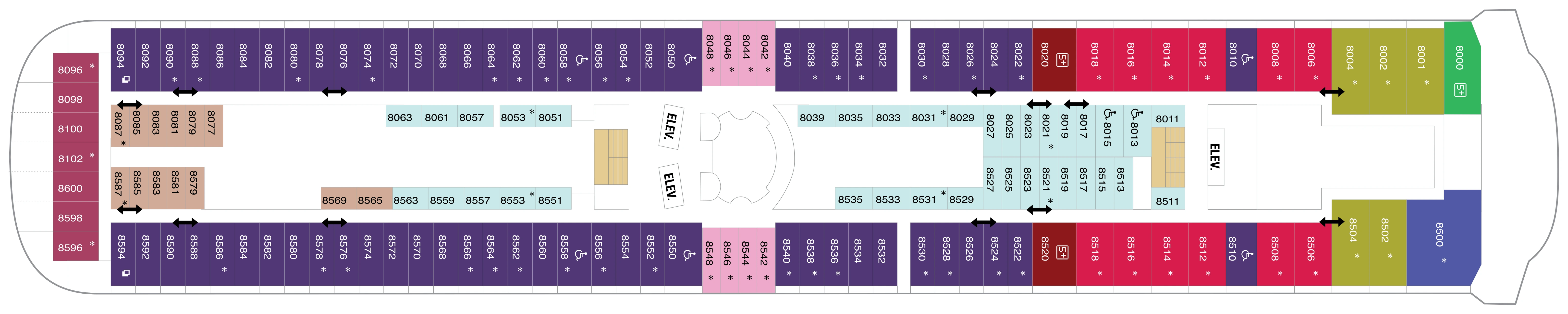 Rhapsody of the Seas, Deck 8: official cabin and venue layout