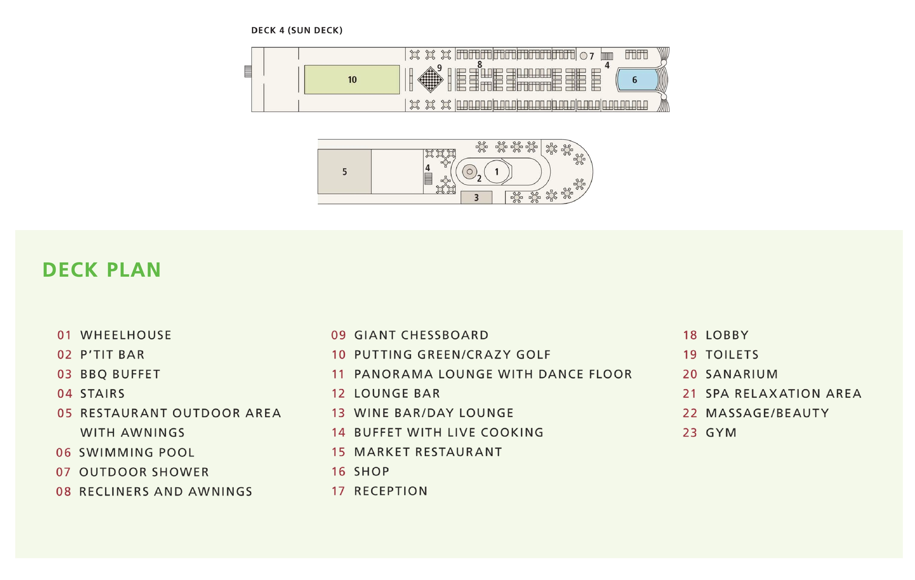 A-ROSA Flora, Deck 4: official cabin and venue layout