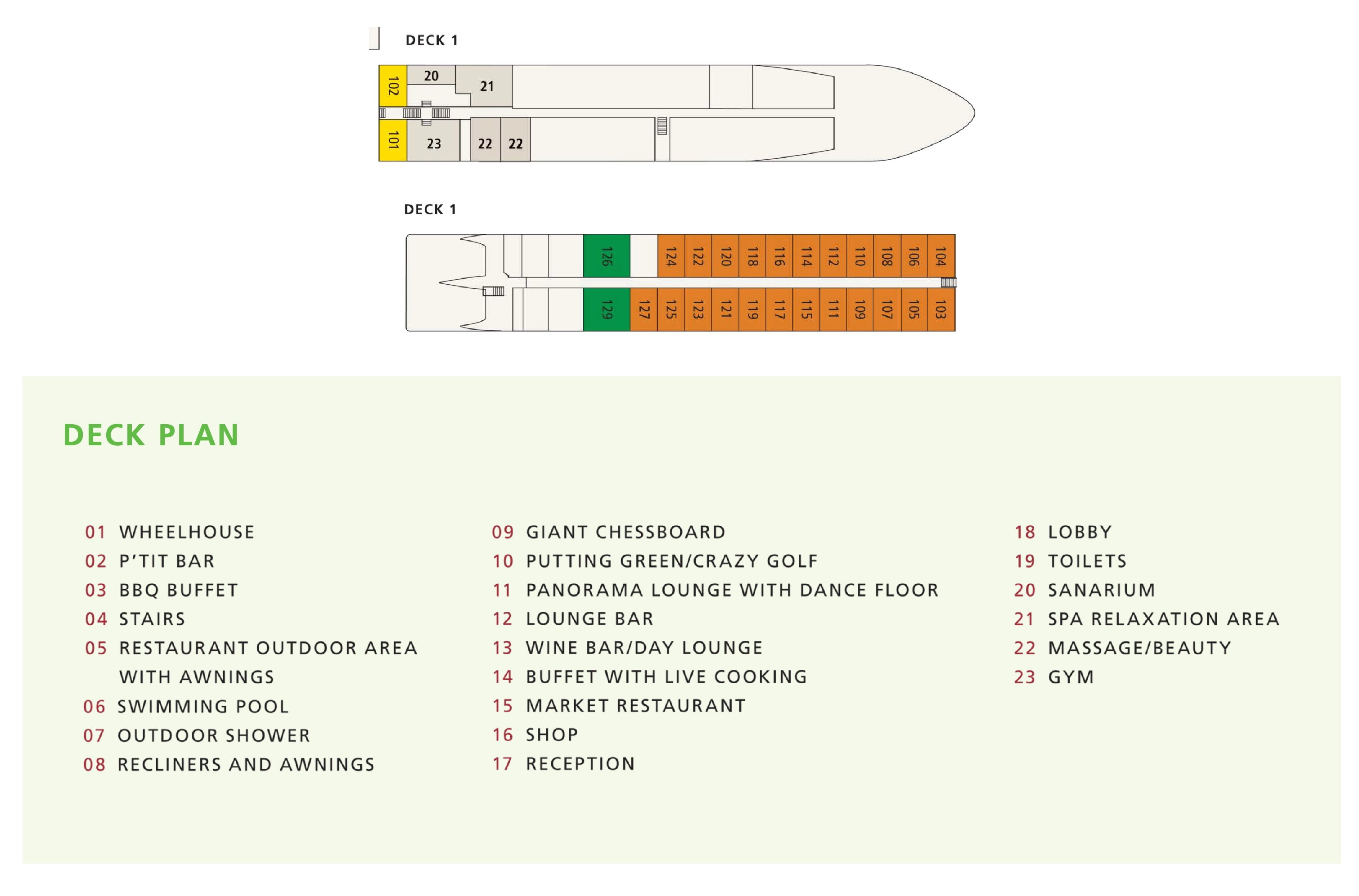 A-ROSA Flora, Deck 1: official cabin and venue layout