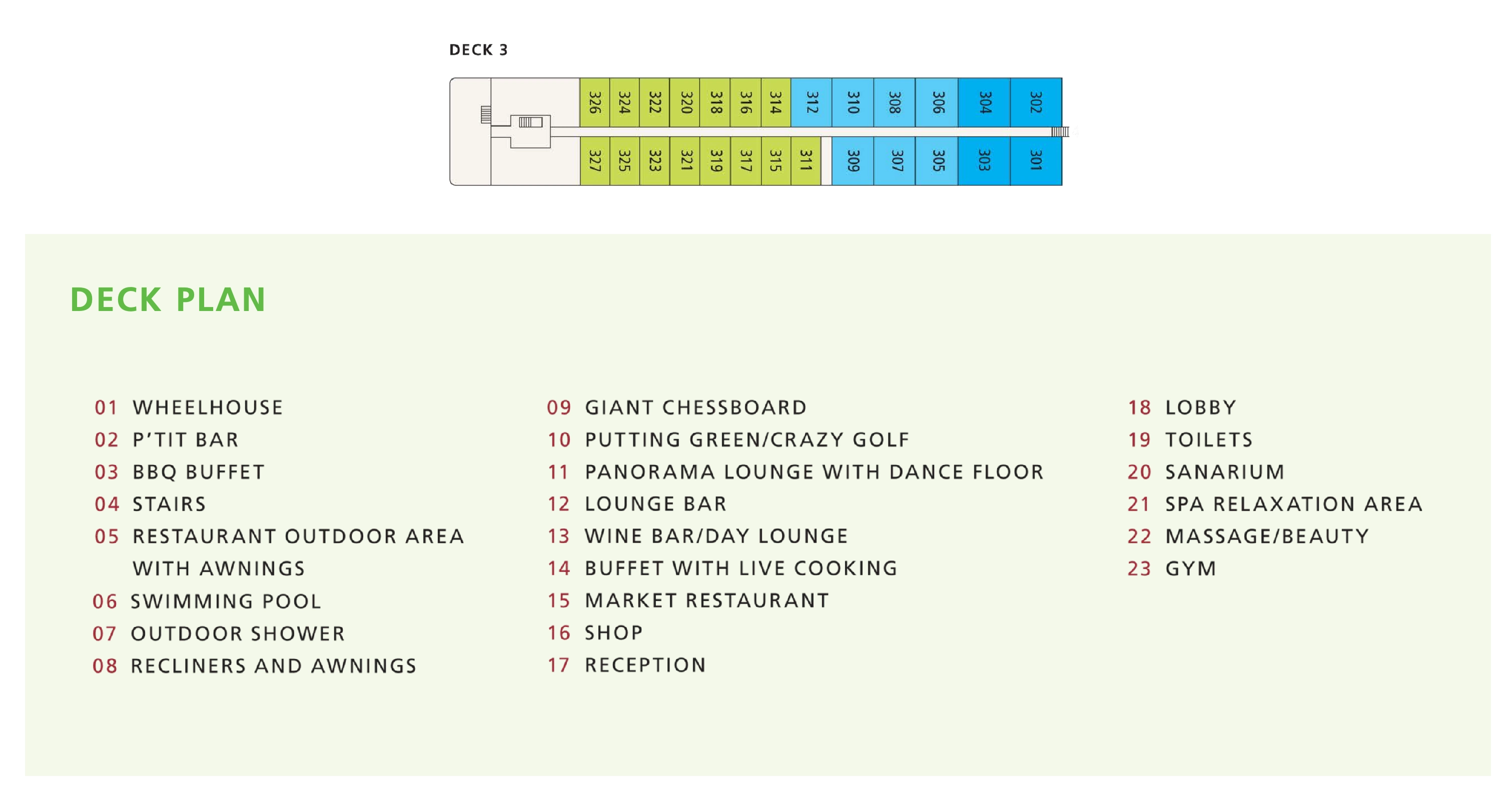 A-ROSA Flora, Deck 3: official cabin and venue layout