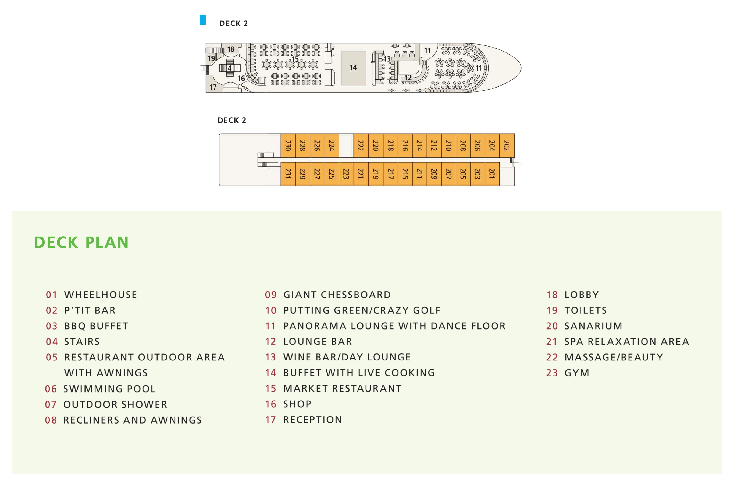 A-ROSA Flora, Deck 2: official cabin and venue layout