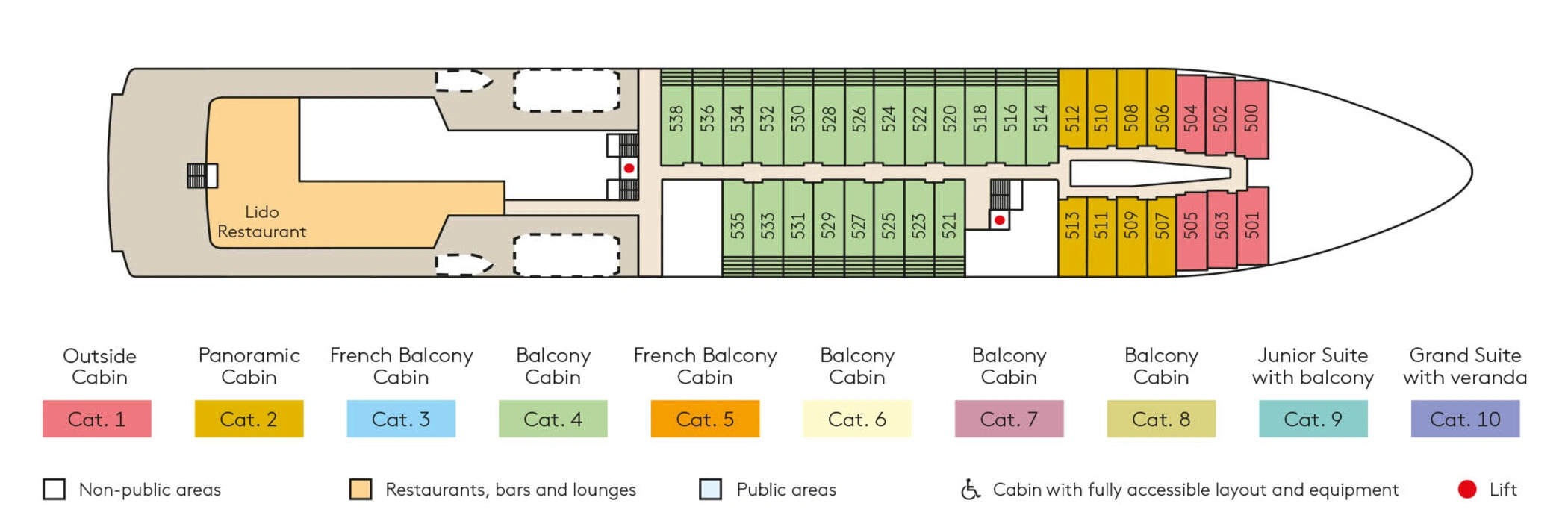 Hanseatic Spirit, Deck 5: official cabin and venue layout