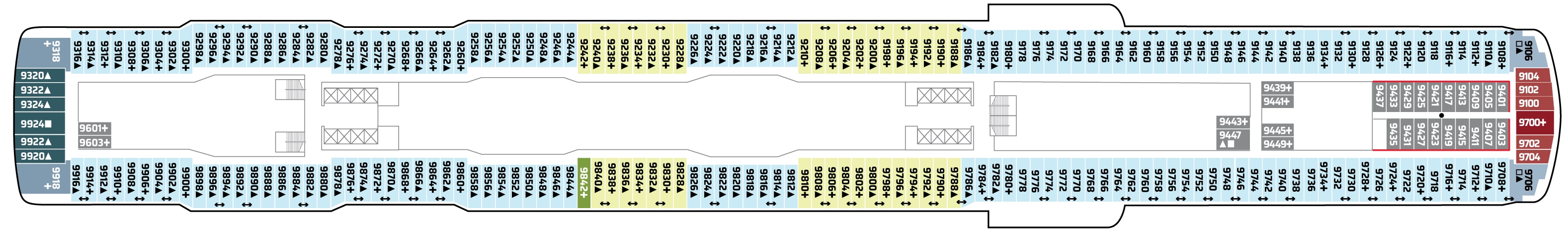 Norwegian Encore, Deck 9: official cabin and venue layout