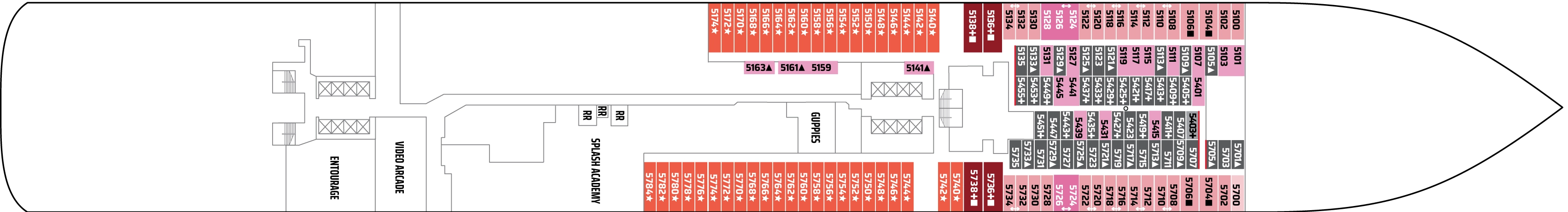 Norwegian Encore, Deck 5: official cabin and venue layout