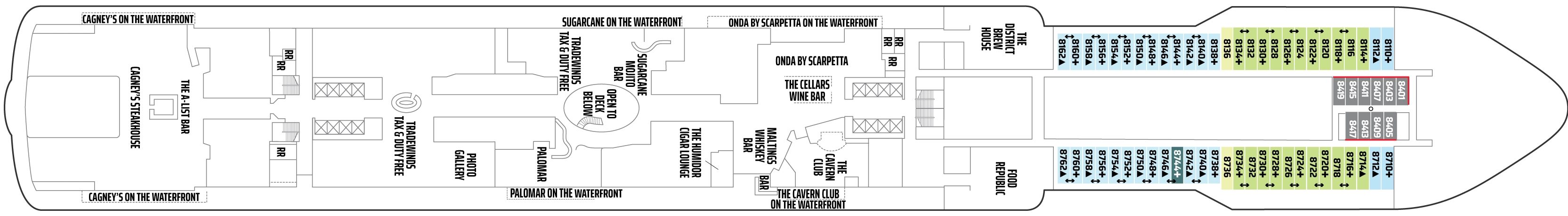 Norwegian Encore, Deck 8: official cabin and venue layout