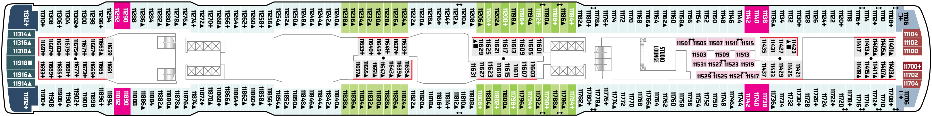 Norwegian Encore, Deck 11: official cabin and venue layout