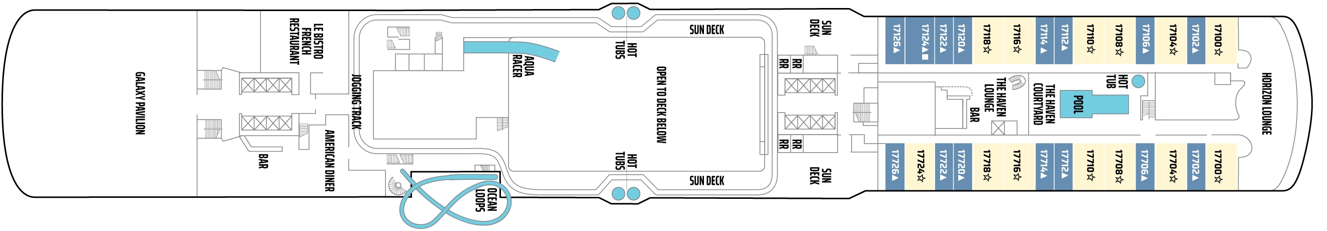 Norwegian Encore, Deck 17: official cabin and venue layout