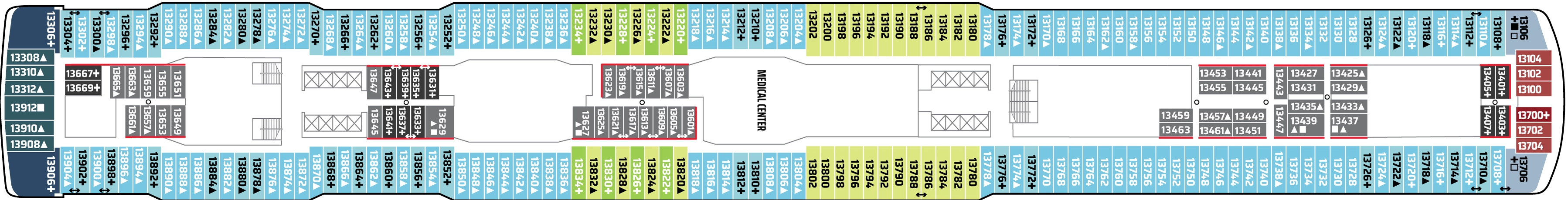 Norwegian Encore, Deck 13: official cabin and venue layout