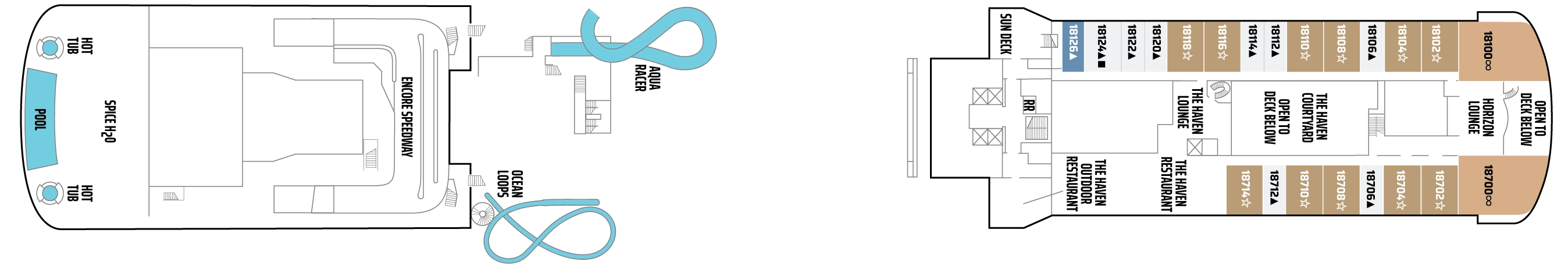 Norwegian Encore, Deck 18: official cabin and venue layout