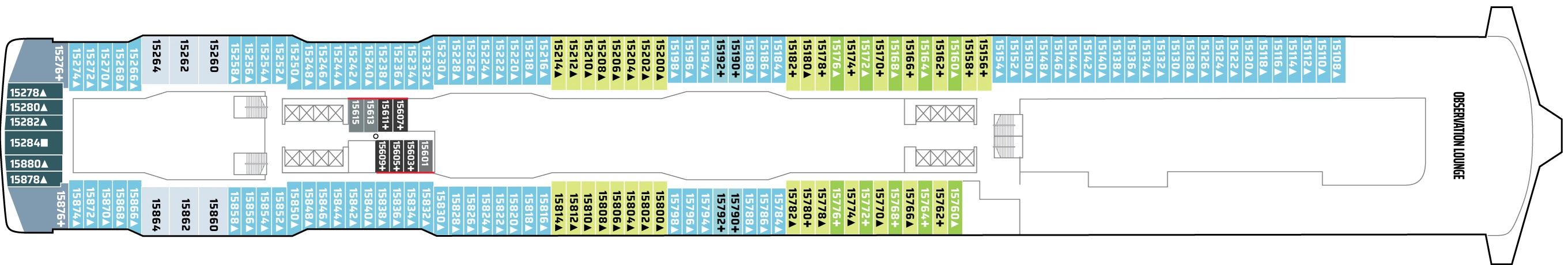 Norwegian Encore, Deck 15: official cabin and venue layout