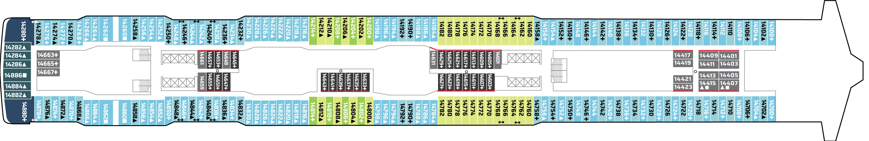Norwegian Encore, Deck 14: official cabin and venue layout