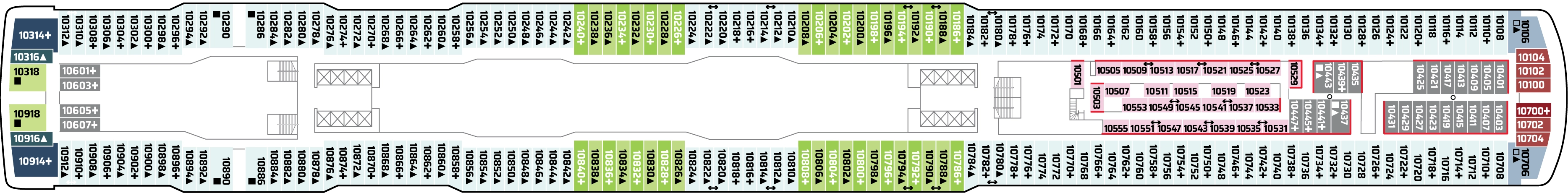Norwegian Encore, Deck 10: official cabin and venue layout
