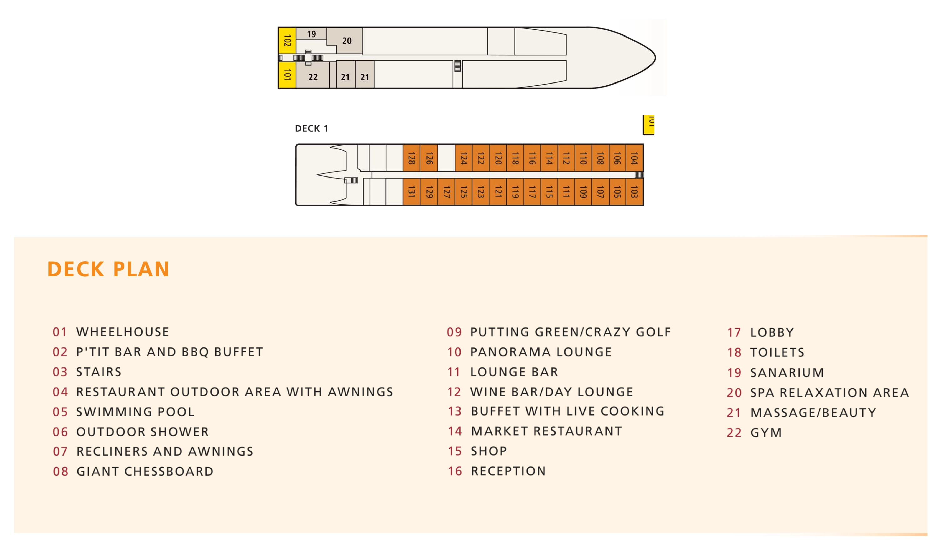 A-ROSA Silva, Deck 1: official cabin and venue layout