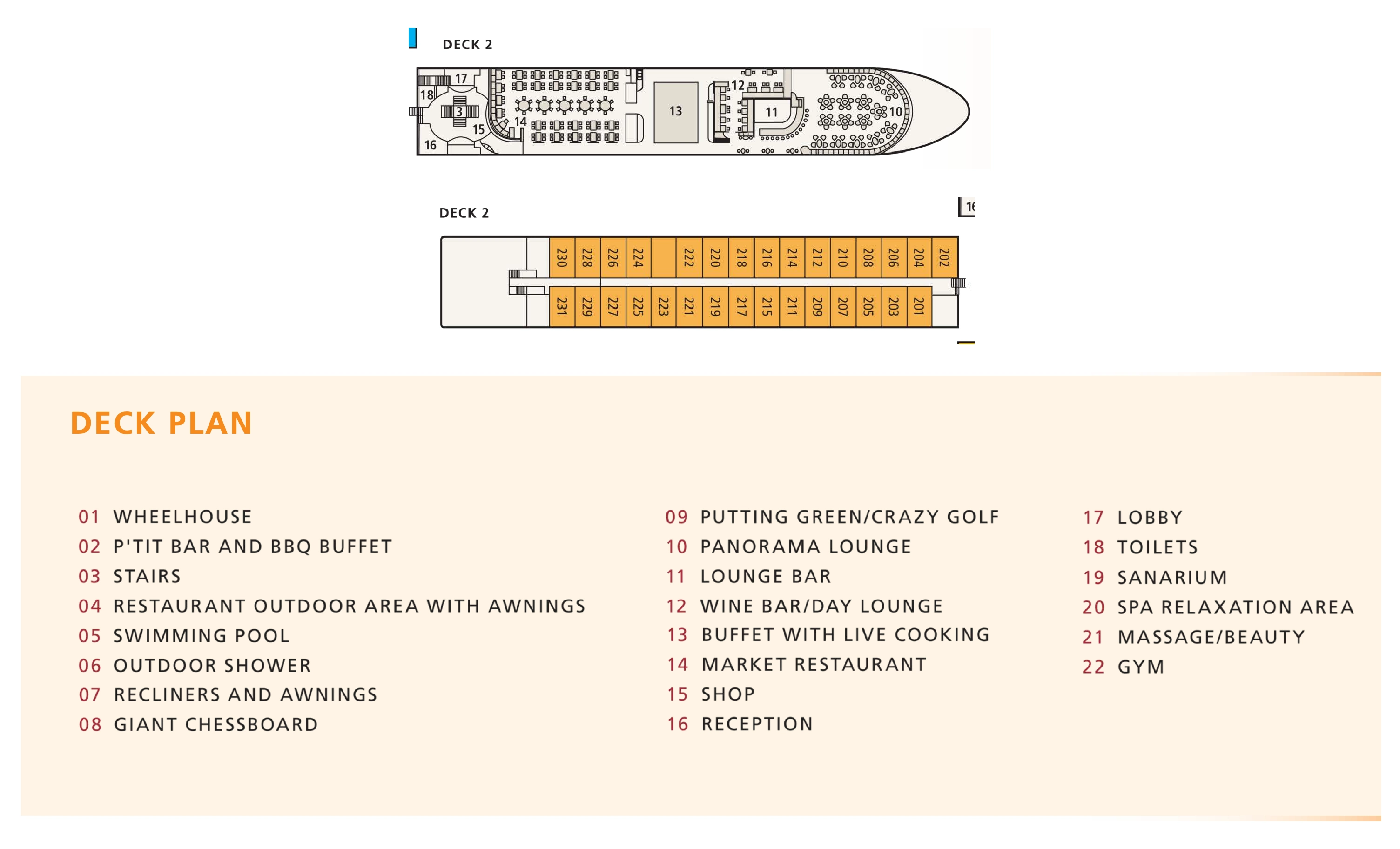 A-ROSA Silva, Deck 2: official cabin and venue layout