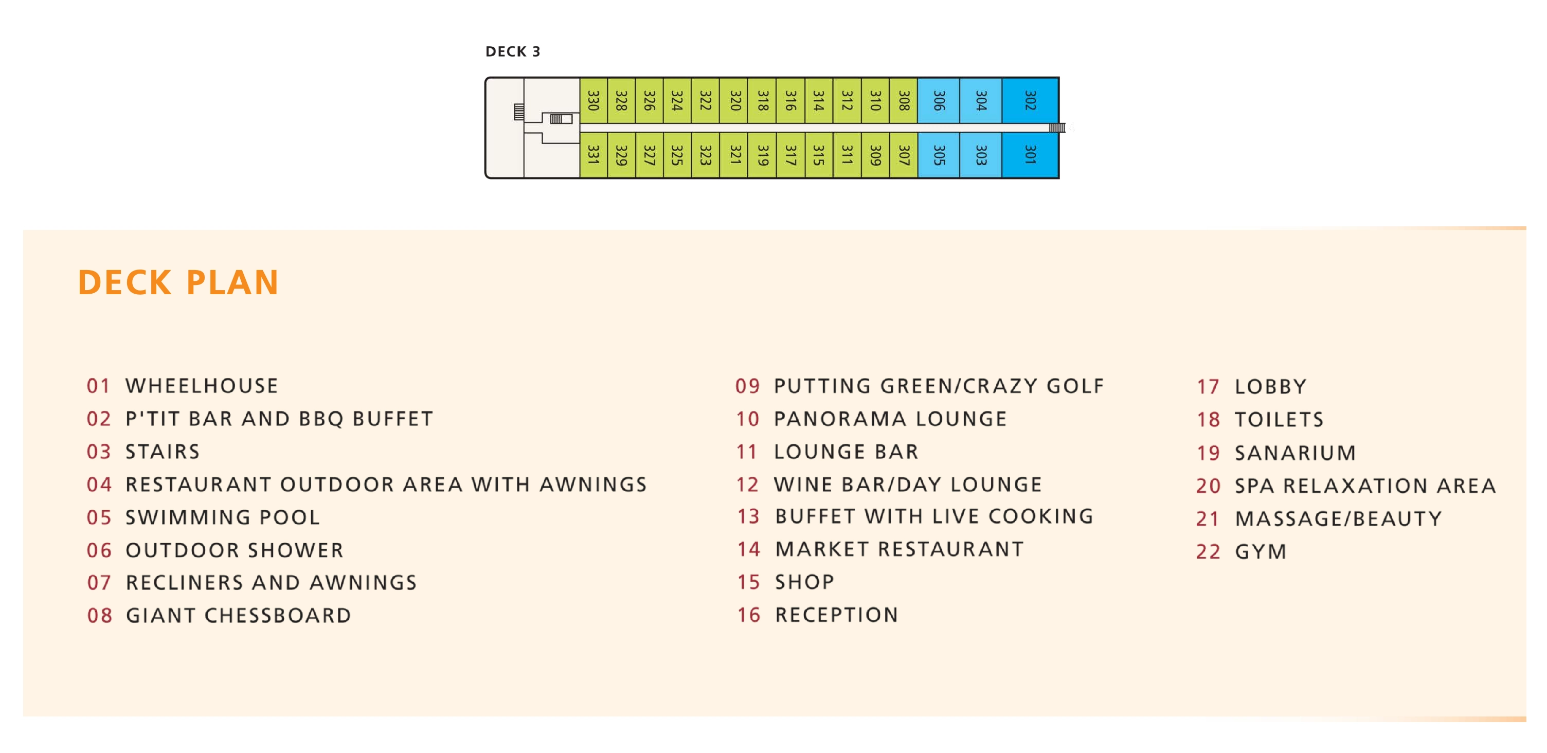 A-ROSA Silva, Deck 3: official cabin and venue layout