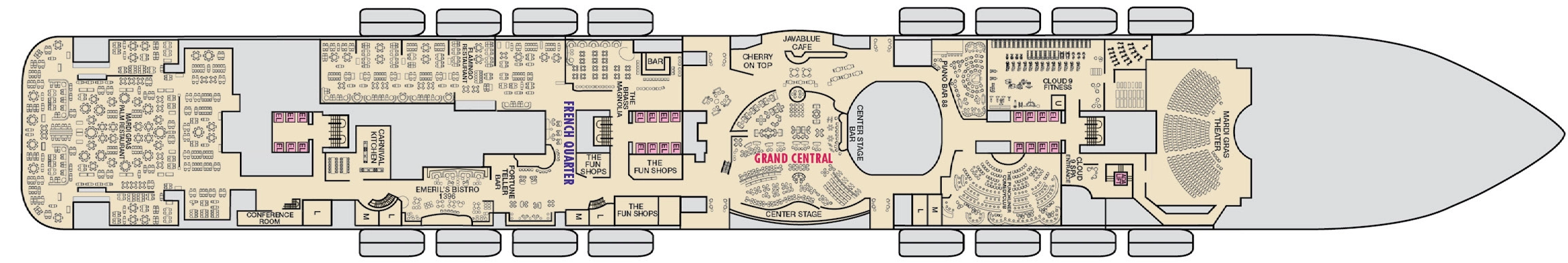 Mardi Gras, Deck 6: official cabin and venue layout