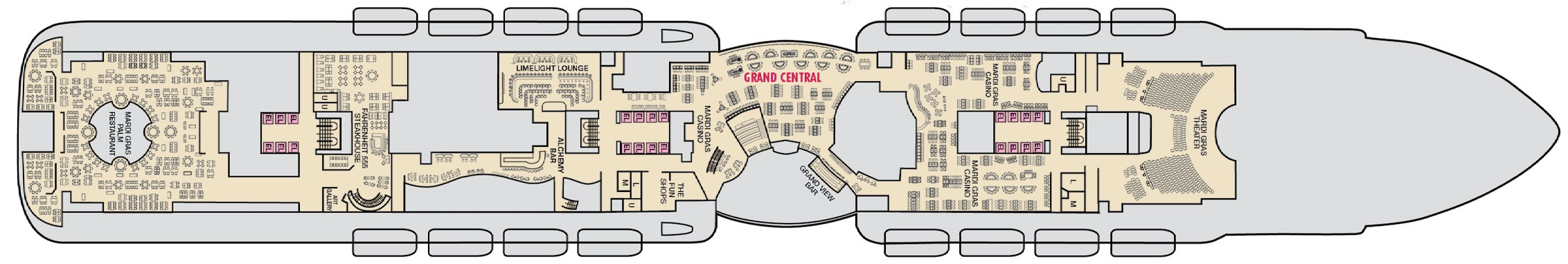 Mardi Gras, Deck 7: official cabin and venue layout