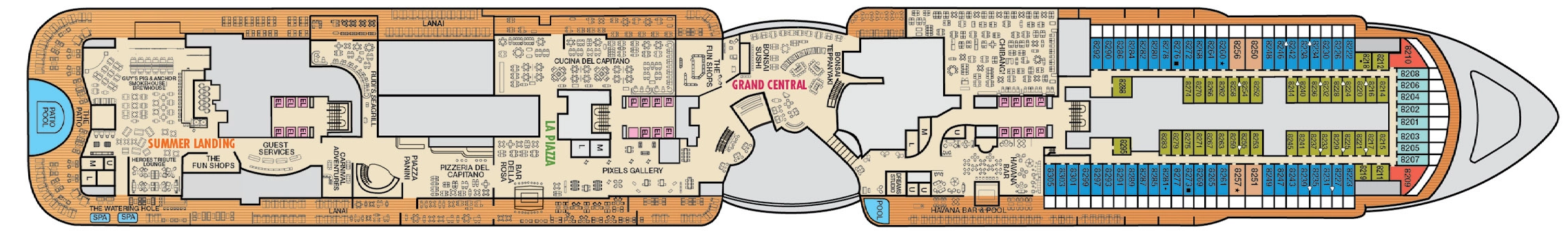 Mardi Gras, Deck 8: official cabin and venue layout