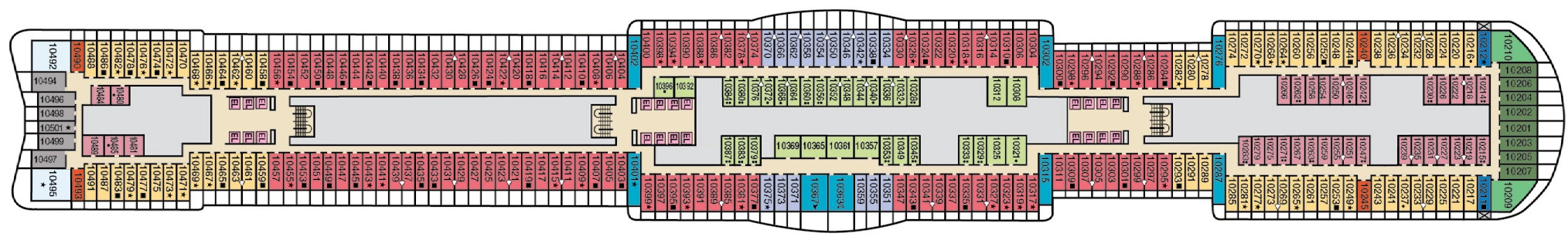 Mardi Gras, Deck 10: official cabin and venue layout