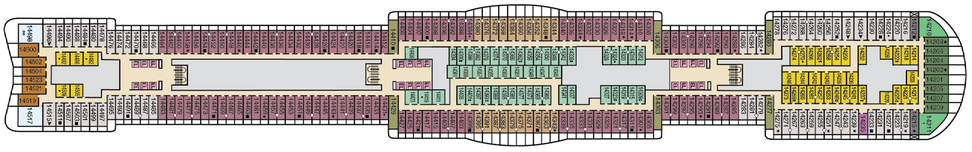 Mardi Gras, Deck 14: official cabin and venue layout
