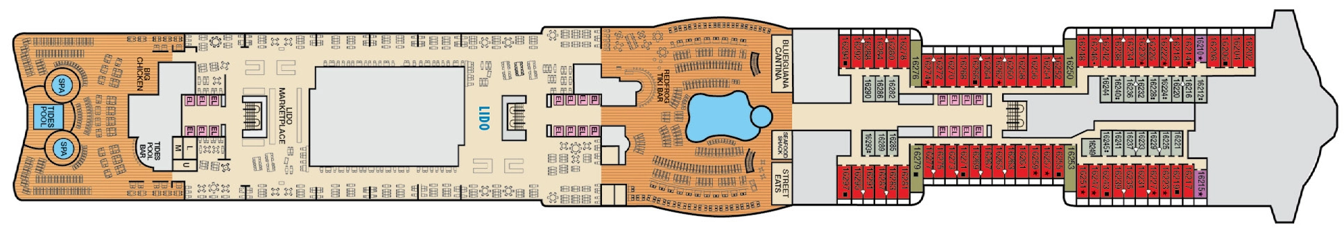 Mardi Gras, Deck 16: official cabin and venue layout