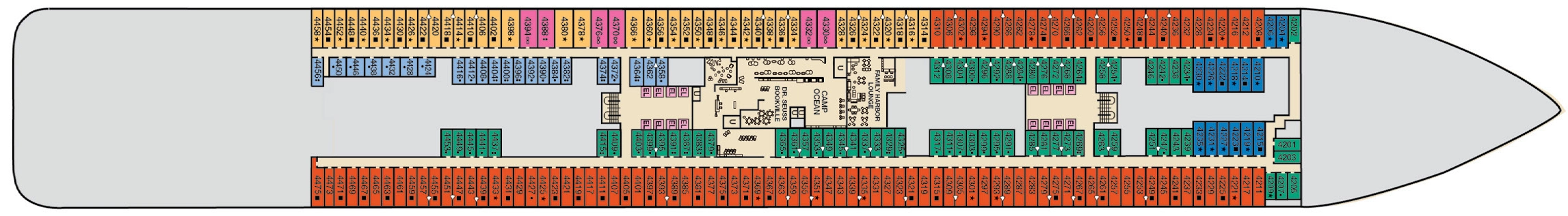 Mardi Gras, Deck 4: official cabin and venue layout