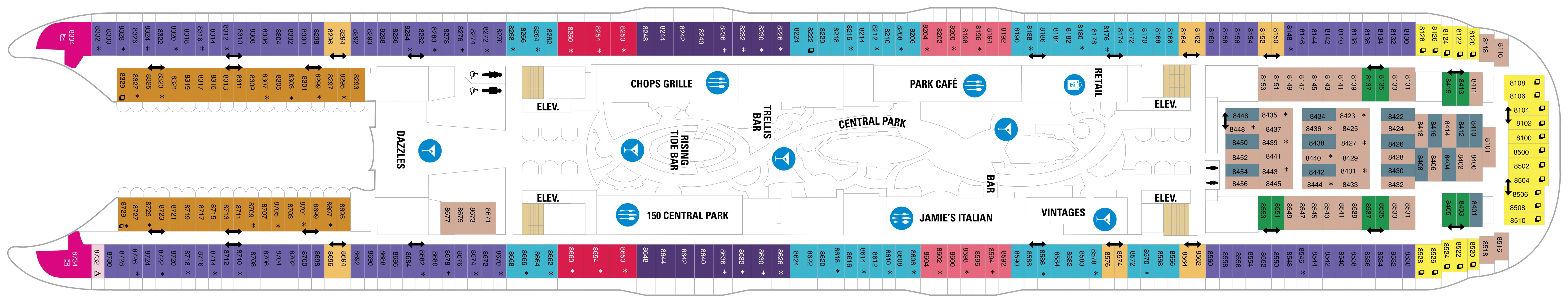 Symphony of the Seas, Deck 8: official cabin and venue layout