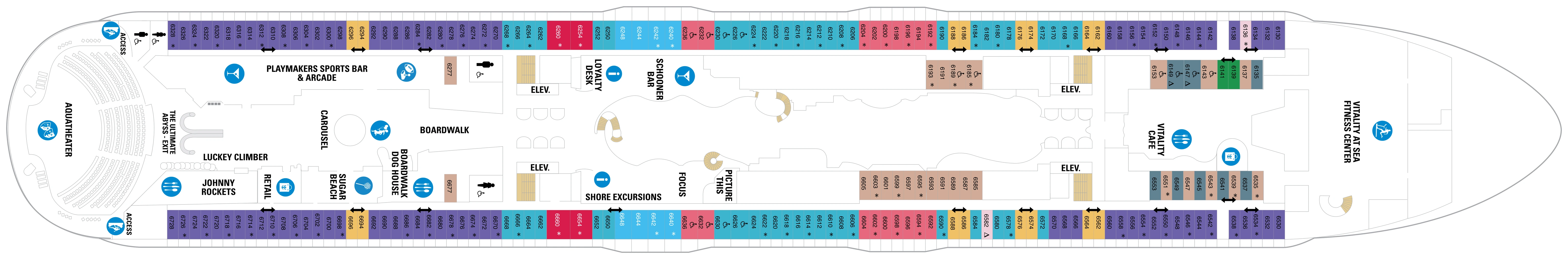Symphony of the Seas, Deck 6: official cabin and venue layout