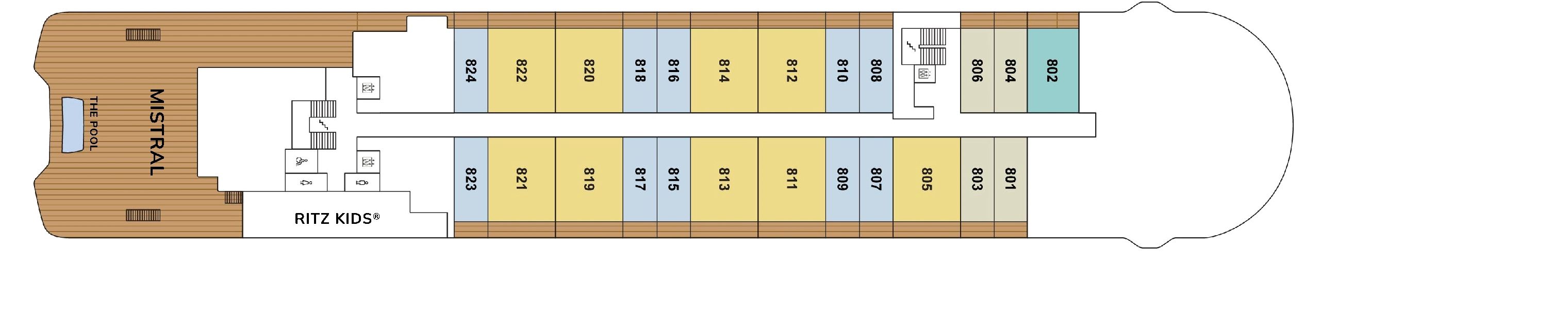Evrima, Deck 8: official cabin and venue layout