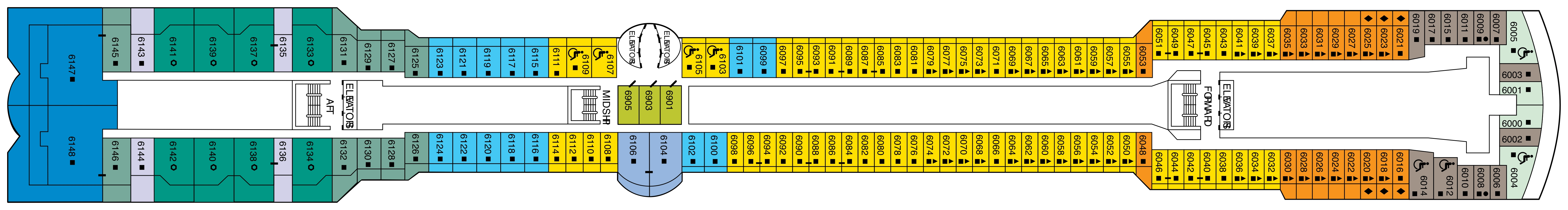 Celebrity Infinity, Deck 6: official cabin and venue layout