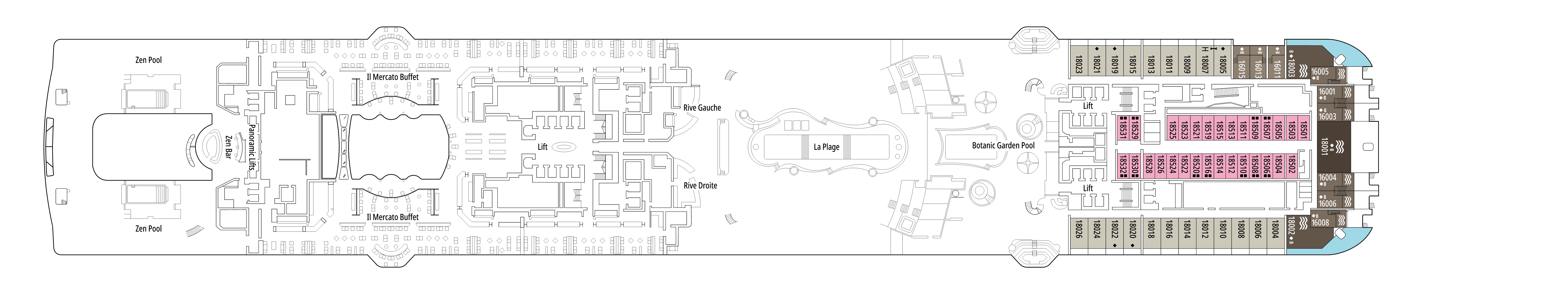 MSC World Europa, Deck 18: official cabin and venue layout
