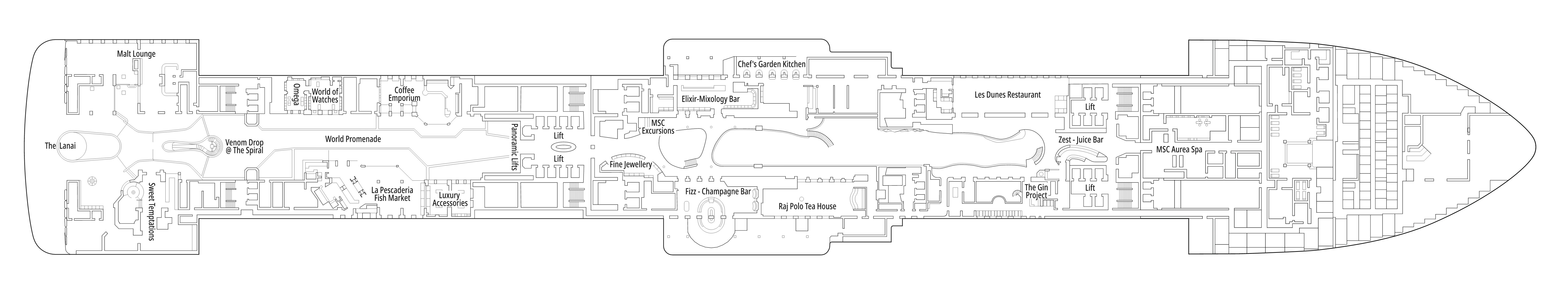 MSC World Europa, Deck 8: official cabin and venue layout