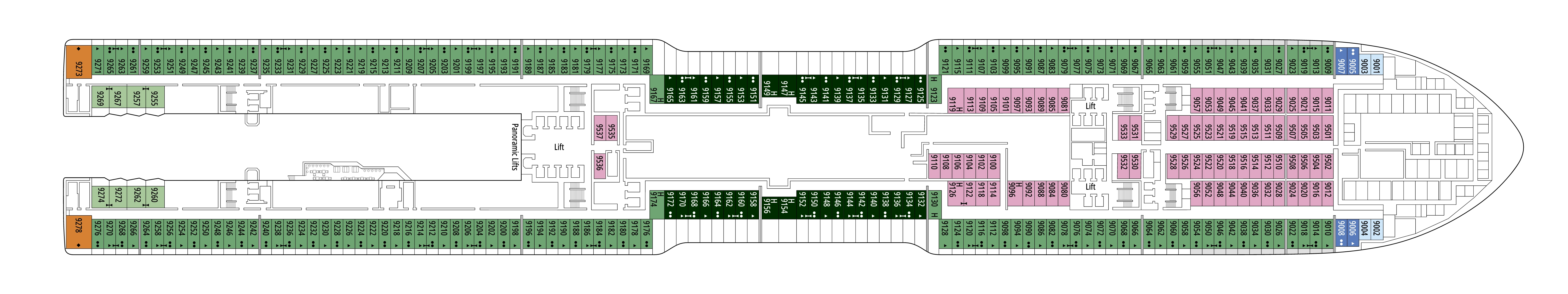 MSC World Europa, Deck 9: official cabin and venue layout