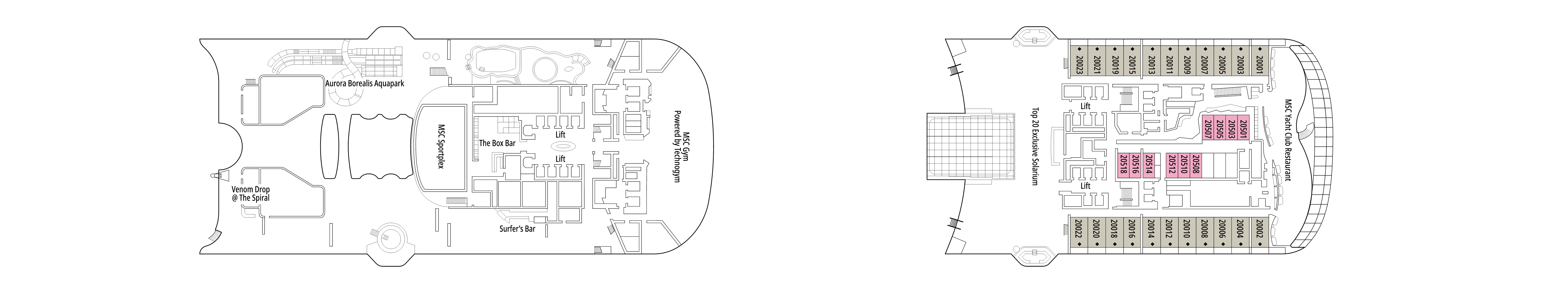 MSC World Europa, Deck 20: official cabin and venue layout